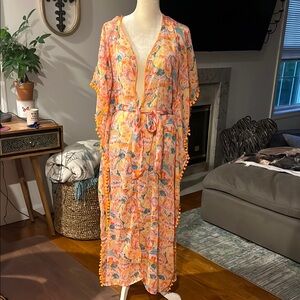 Colorful Floral Kimono Coverup with Pom-Pom Trim